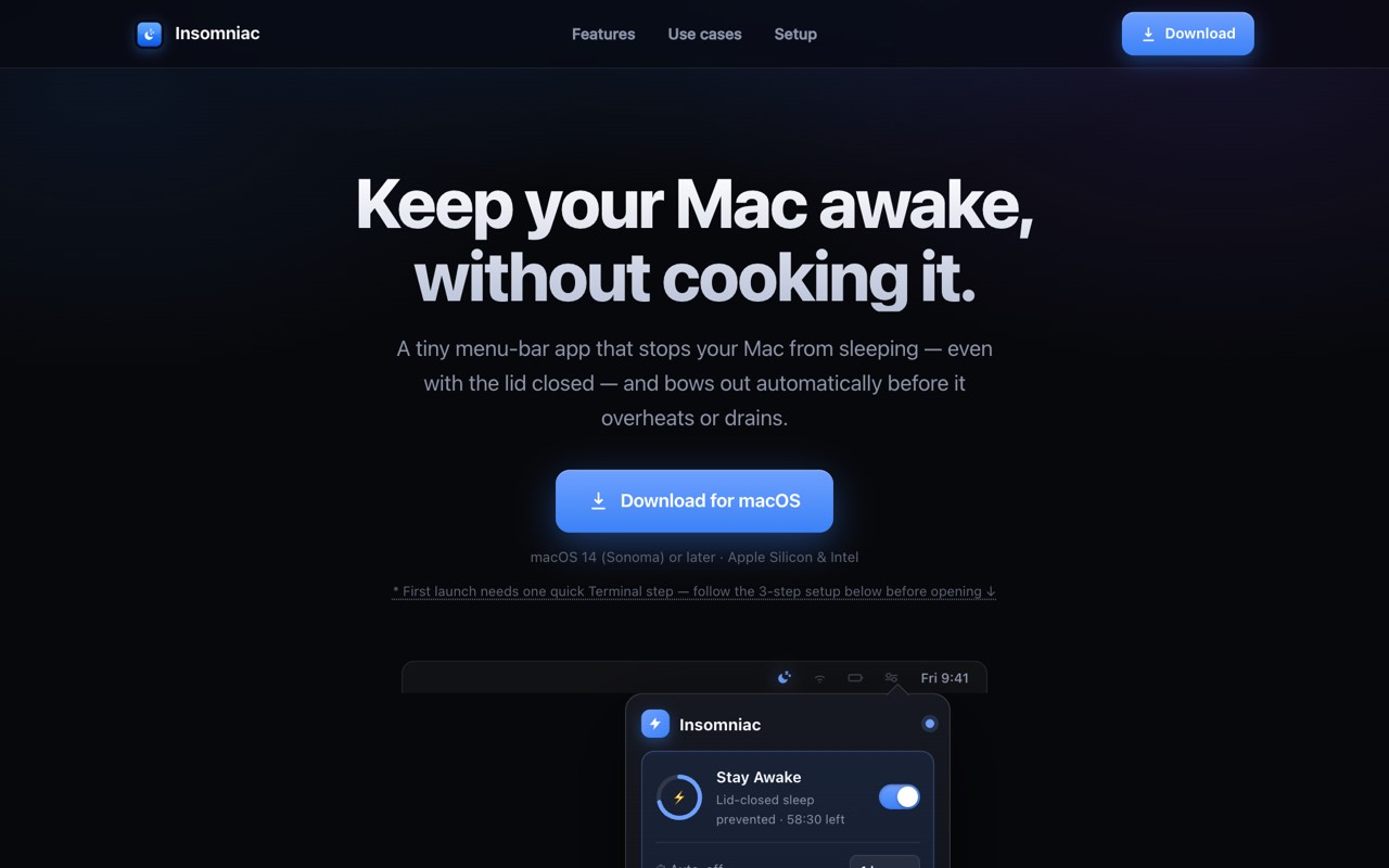 Insomniac: keep your Mac awake with the lid closed, safely