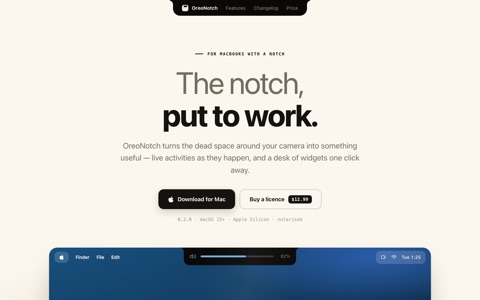OreoNotch landing page: "The notch, put to work."