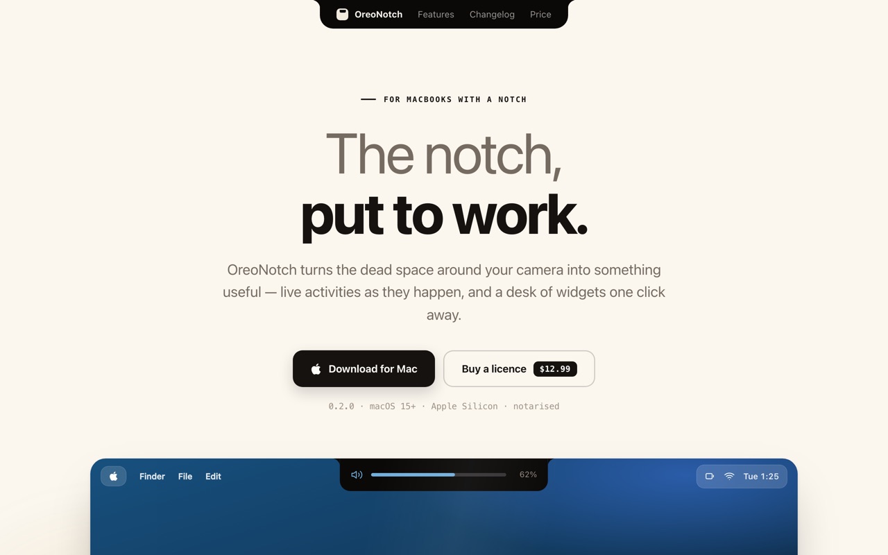 OreoNotch landing page: "The notch, put to work."