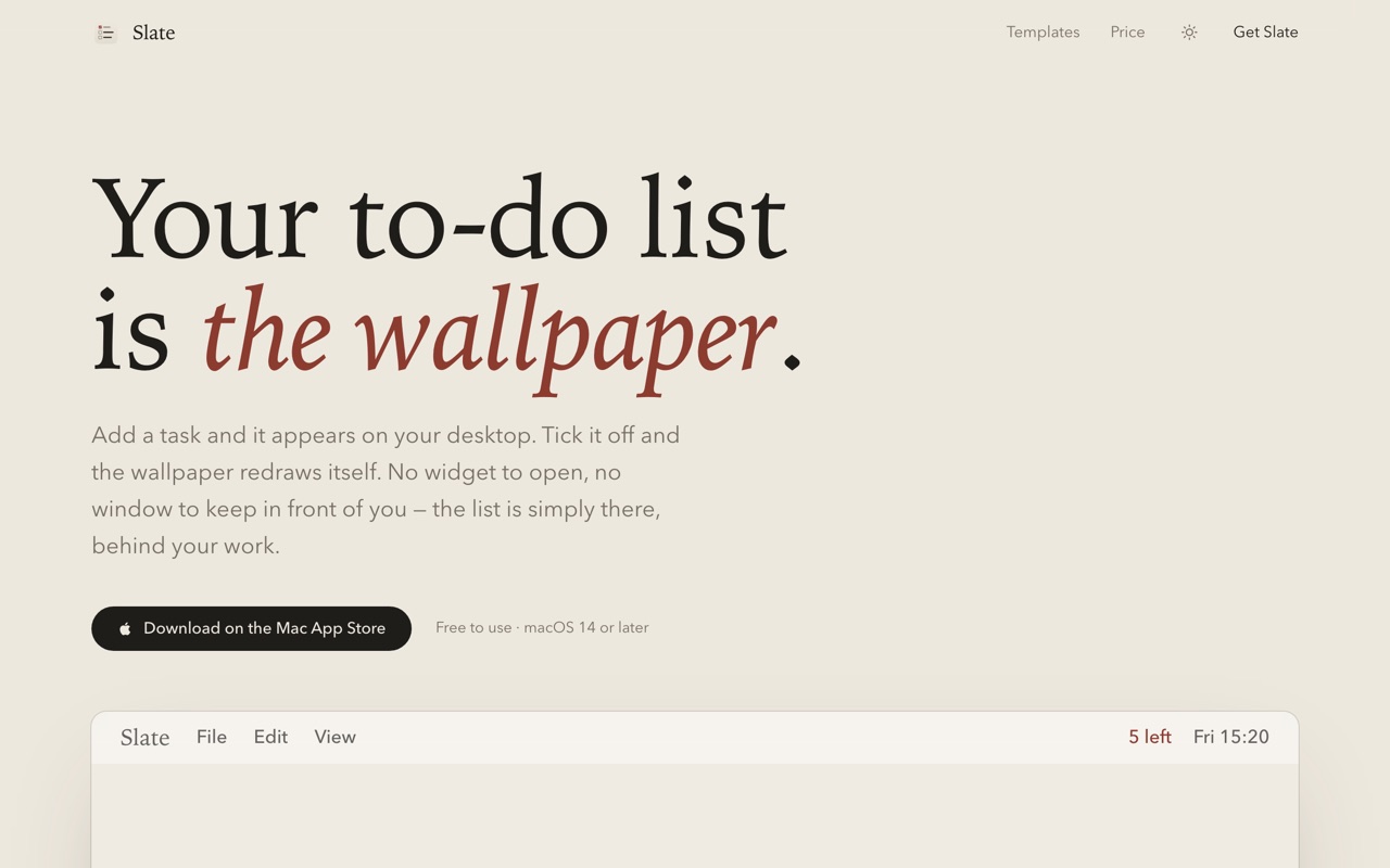 Slate landing page: "Your to-do list is the wallpaper."