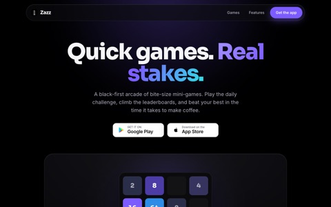 Zazz: quick games, real stakes. A black-first arcade of bite-size mini-games