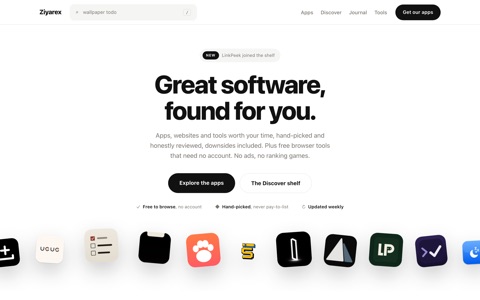 Ziyarex homepage: "Great software, found for you."